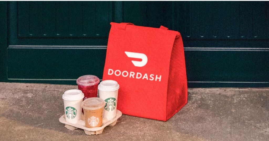 Doordash delivery bag and Starbucks Coffee drinks on doorstep
