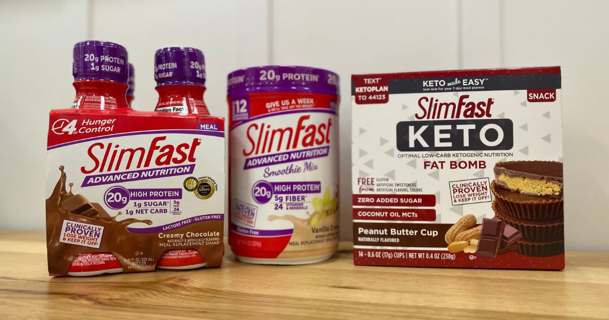 Slimfast Shakes, Powder and Bars sitting on counter