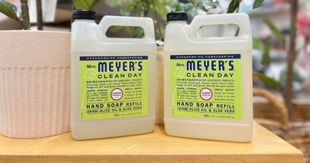 Mrs. Meyers Hand Soap Refills shown on counter with a plant