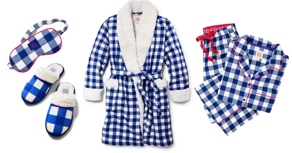 Bath & Body Works Members Only Sleep Collection, eye mask, slippers, robe and pajamas in blue gingham