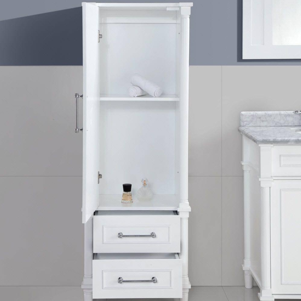 White cabinet with bathroom items in it