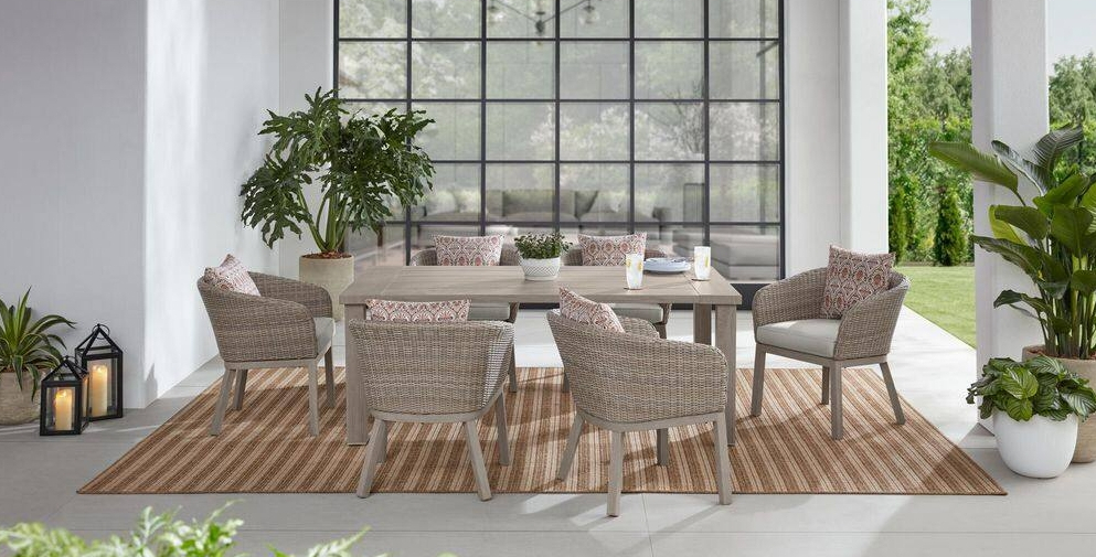 Wicker dining set on an outdoor patio