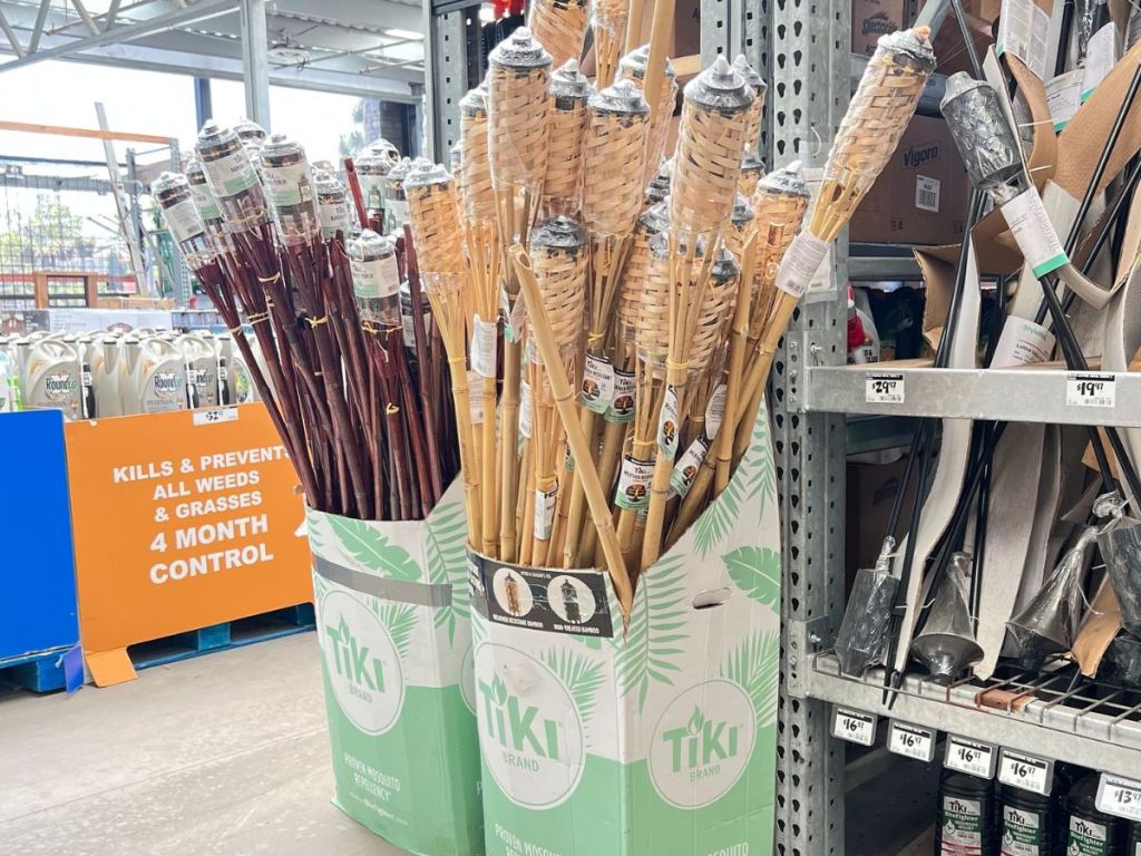 Boxes of Bamboo Tiki Torches at Home Depot