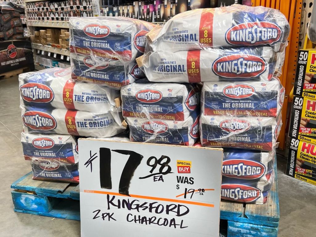 Stacks of bags of Kingsford Charcoal at Home Depot