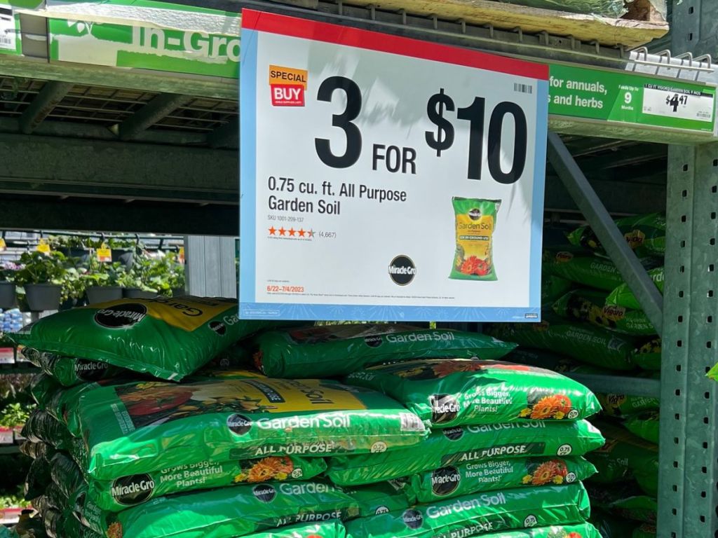 Bags of Miracle Gro at Home Depot