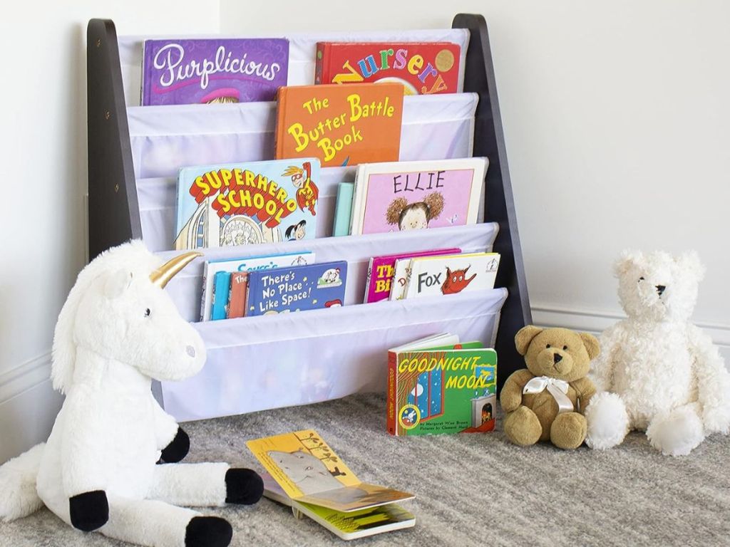 A Humble Crew Sling Bookshelf filled with childrens books