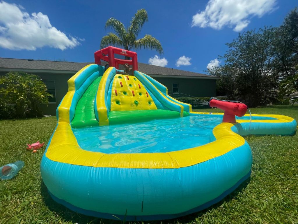 inflatable water park in backyard