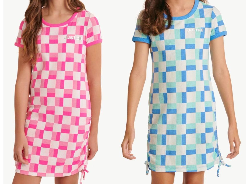 2 girls wearing pink and blue t-shirt dresses with white checkers