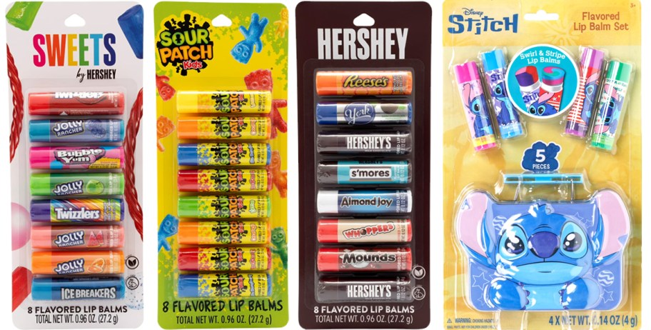 4 kids lip balm sets in a row