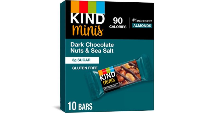 teal colored box of KIND Minis, Dark Chocolate Nuts & Sea Salt flavor