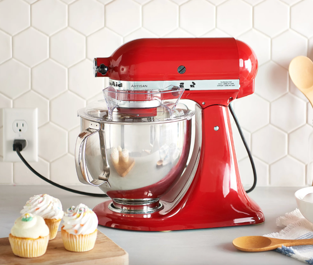 A red KitchenAid Artisan Stand with Flex Edge Beater from QVC