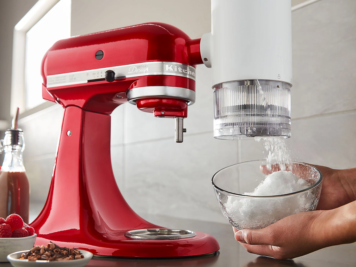 making shaved ice from a red kitchenaid stand mixer