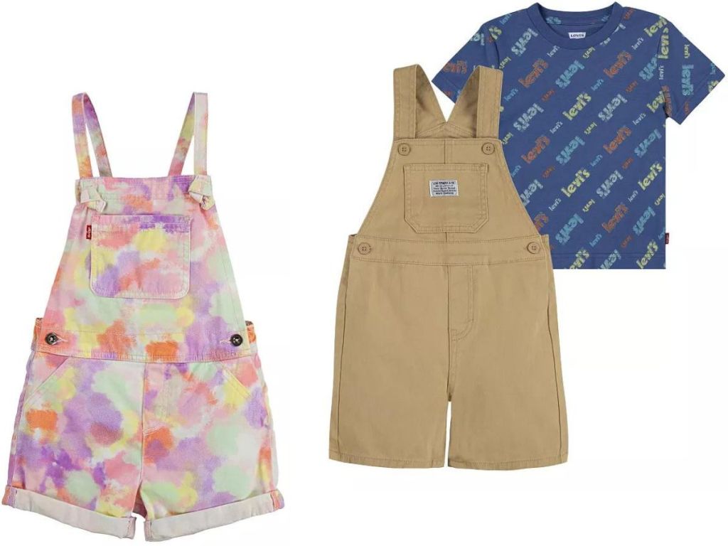 Stock images of two pairs of Levi's overalls for kids