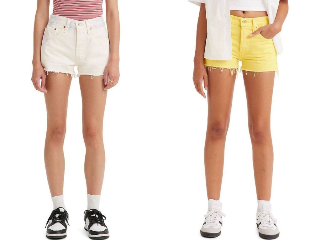 Stock images of 2 women wearing Levi's jean shorts