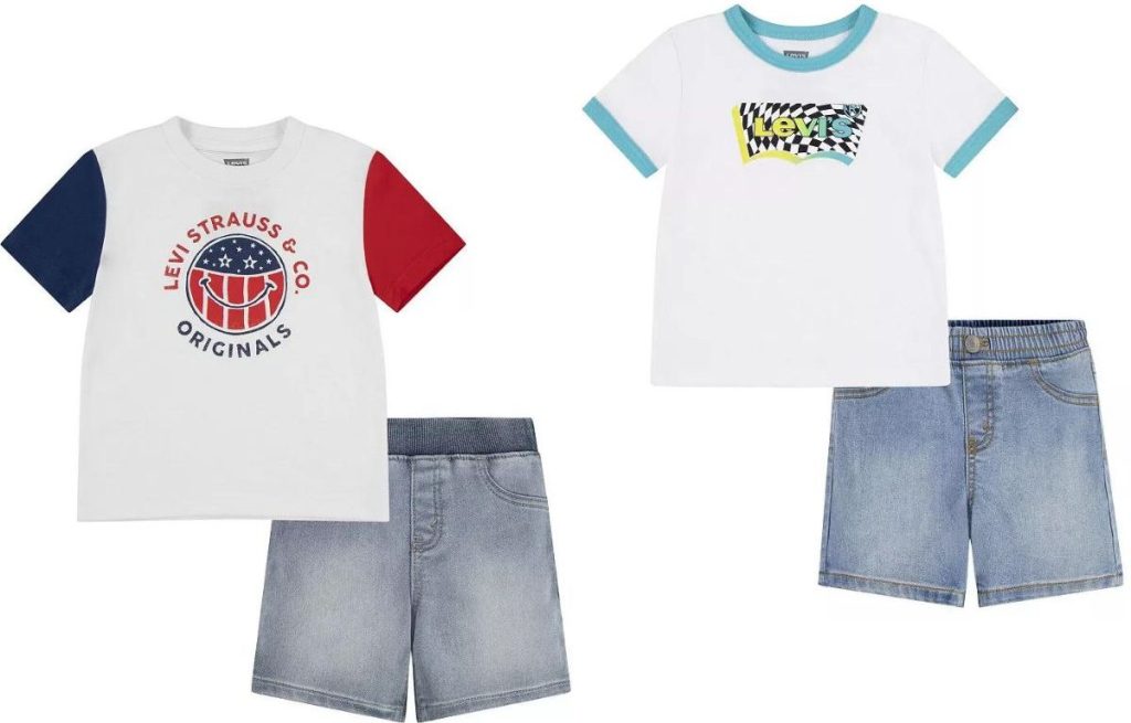 Stock images of 2 Levi's toddler boy Levi's shirt and shorts sets