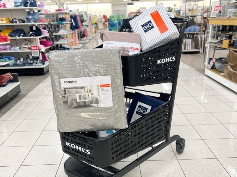 sheets and comforter sets in a black kohl's shopping cart