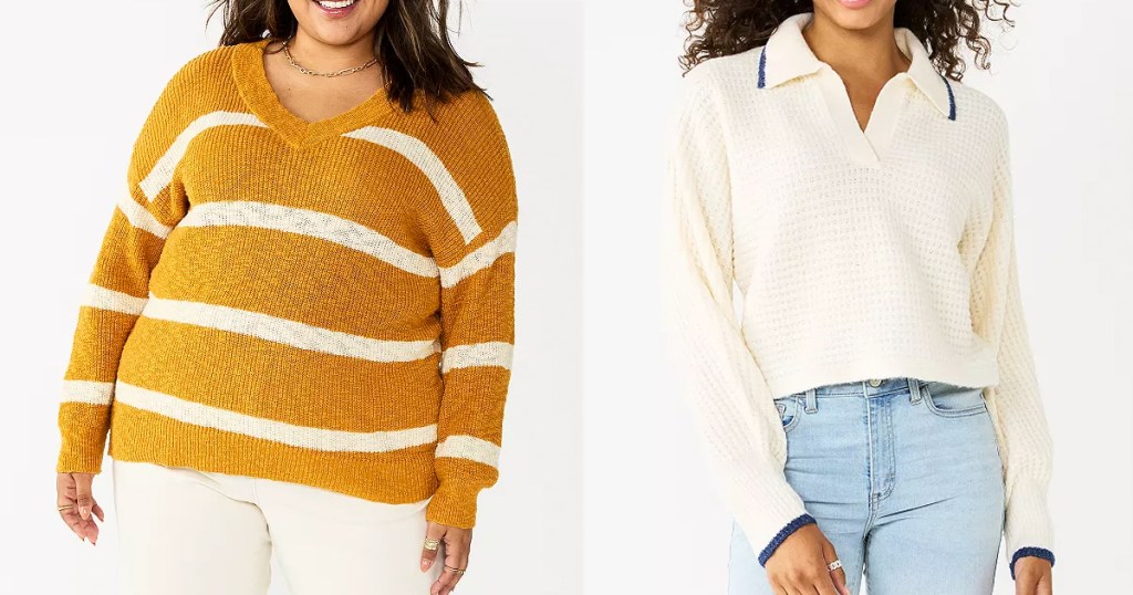 two women modeling yellow and white sweaters