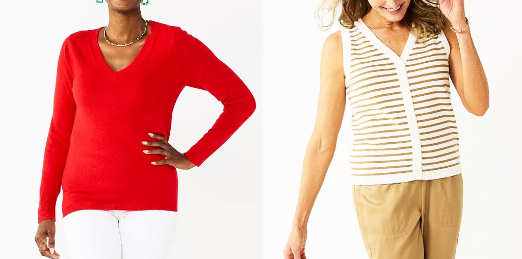 woman in red sweater and woman in striped button up tank