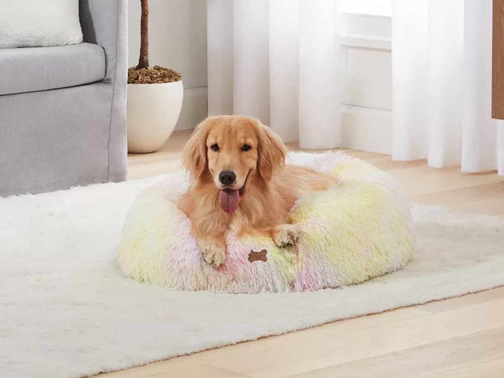 golden retriever laying in a faux fur bed