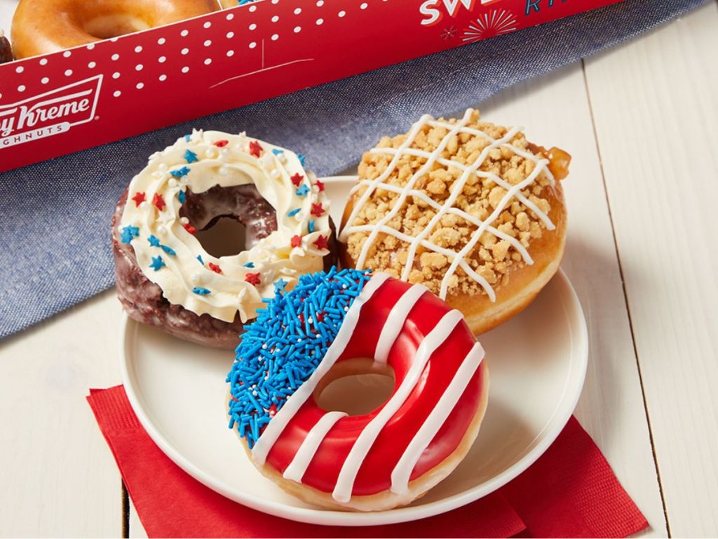 Krispy Kreme 4th of July doughnuts on a plate