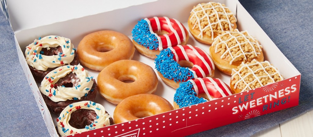 Box of 4th of July themed Krispy Kreme doughnuts
