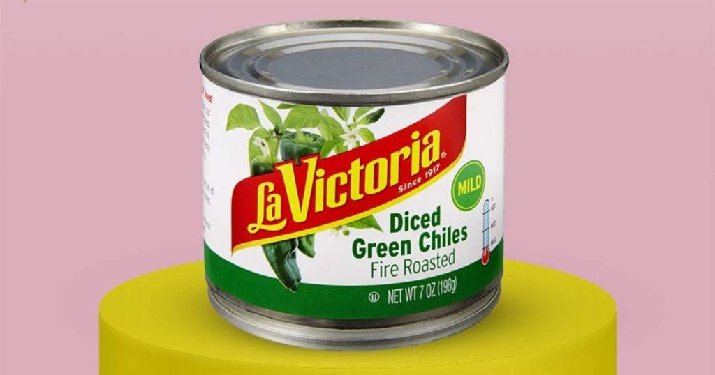 La Victoria Diced Green Chiles can with pink background