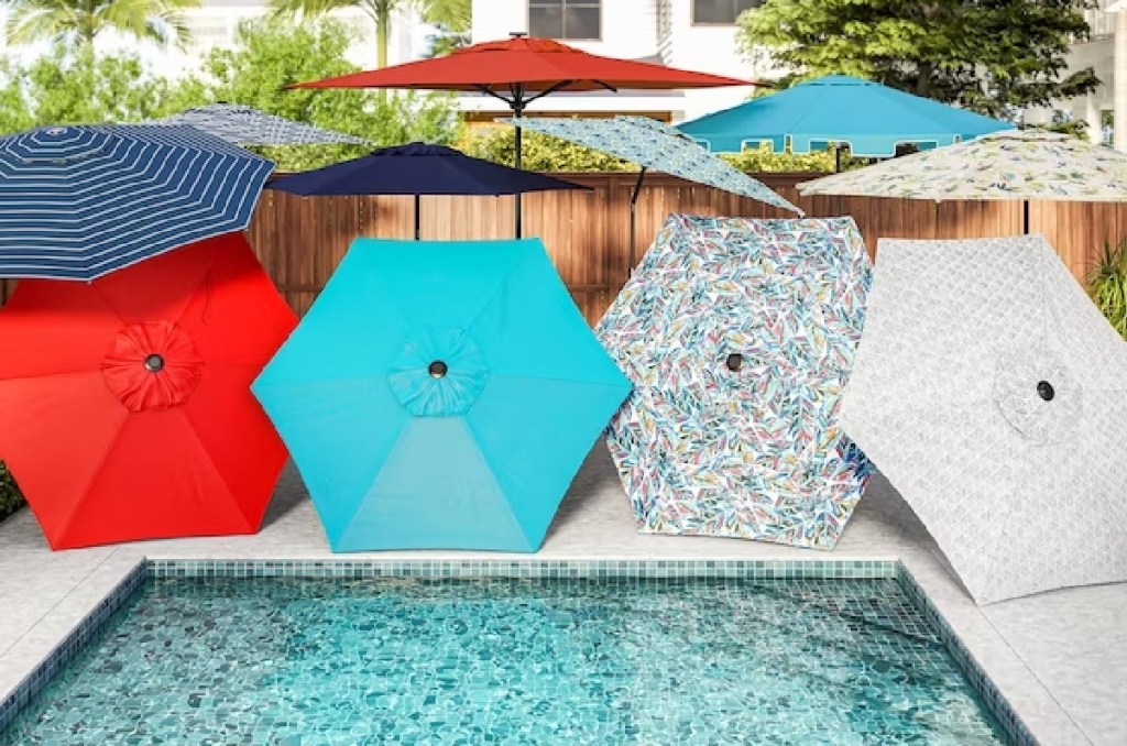 Lowes Patio Umbrellas displayed near a pool