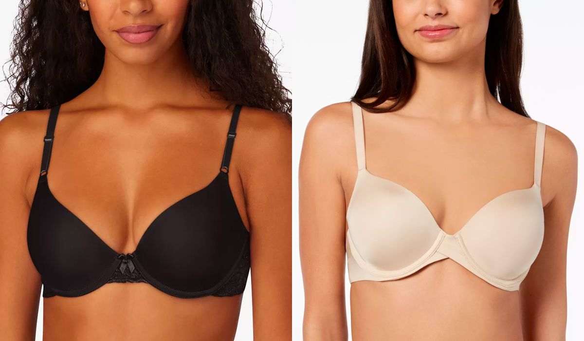 2 models wearing Maidenform Women's Demi Underwire Lace Bra and Maidenform One Fab Fit 2.0 T-Shirt Shaping Underwire Bra