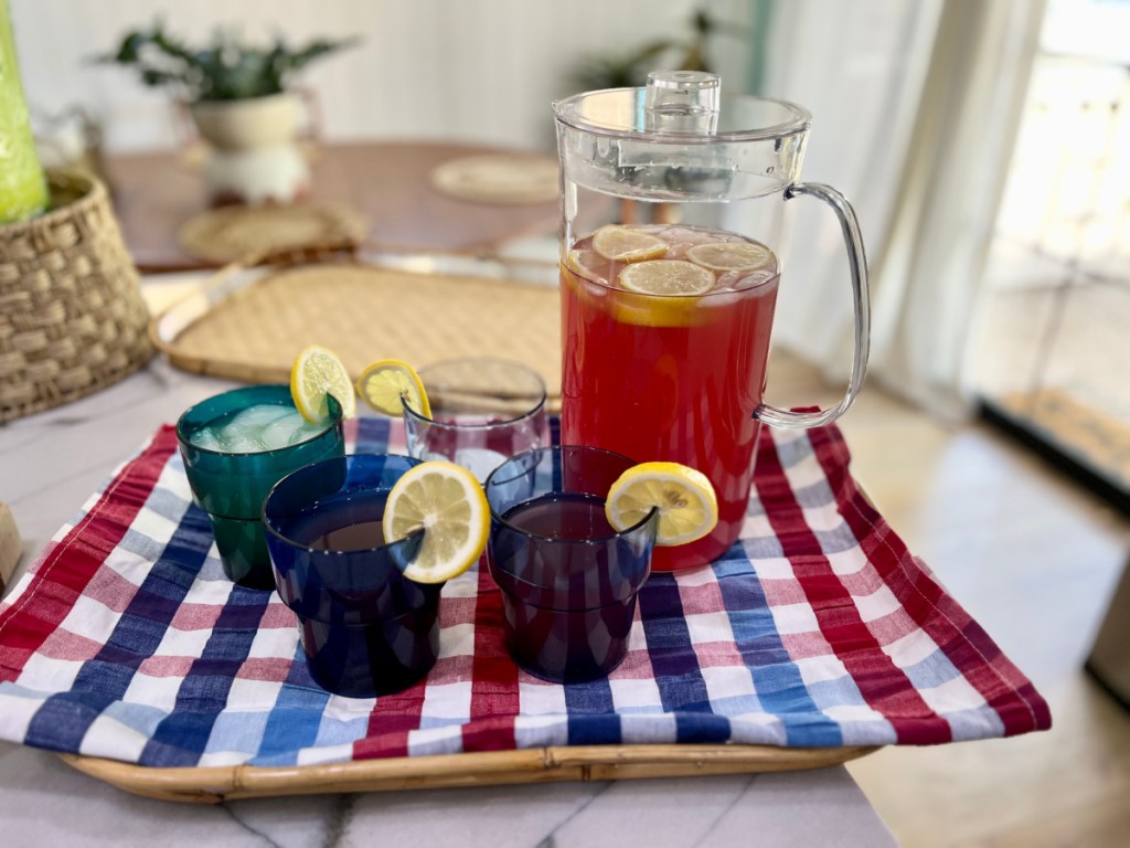Mainstays Acrylic Pitcher and Tumblers on a tray to serve at a summer party