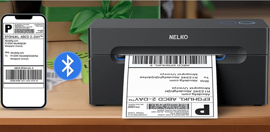 Nelko Bluetooth Thermal Shipping Label Printer with phone on the side