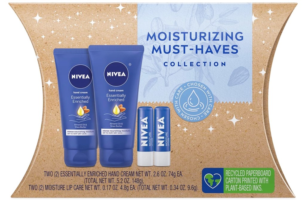 nivea gift set with travel-sized lotions and lip balms