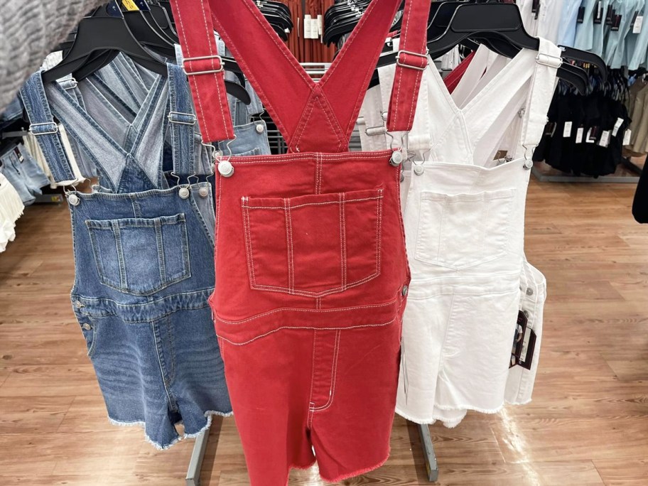 blue, red, and white shortalls in store
