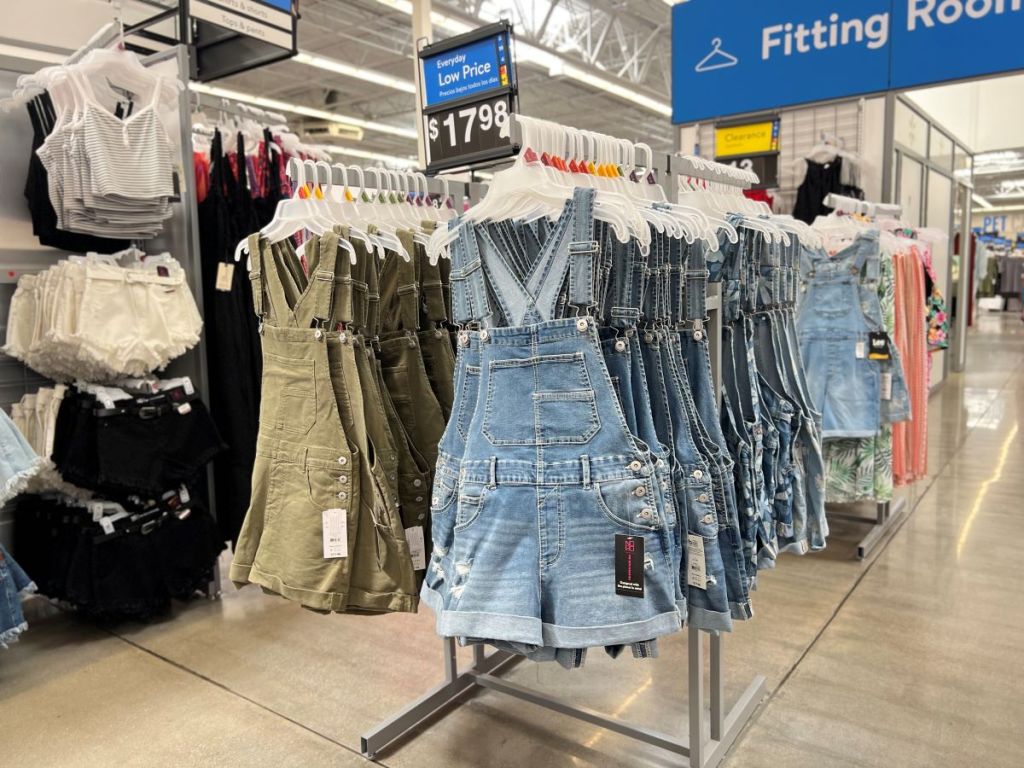 No Boundaries Shortalls on hangers at Walmart