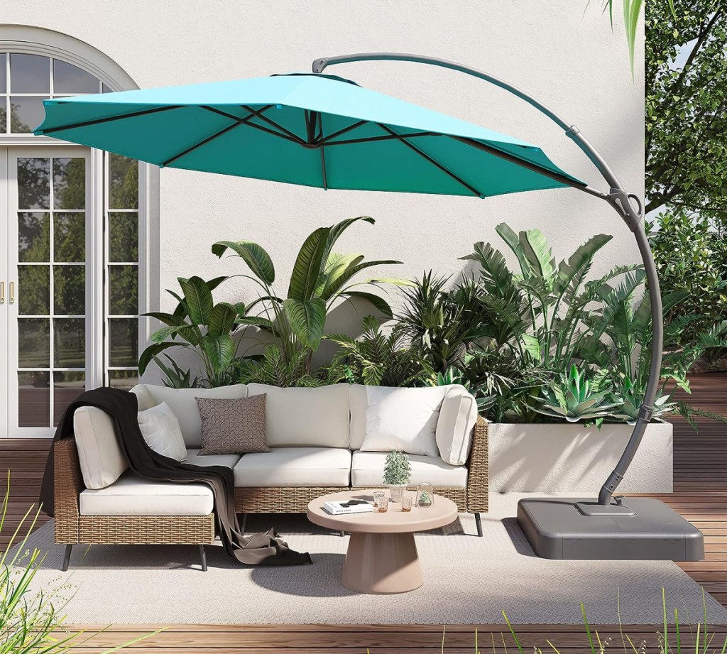 A back patio with an offset shade covering