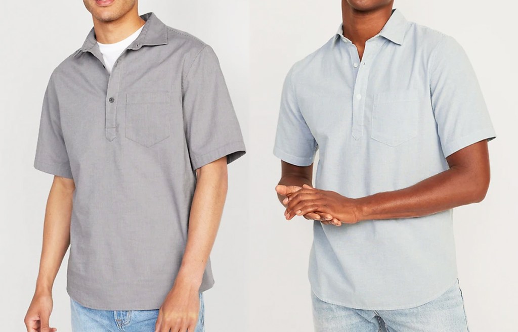 two men in grey and light blue shirts