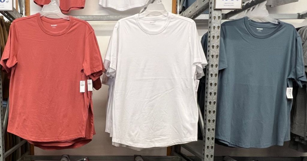 Row of t-shirts on hangers at Old Navy