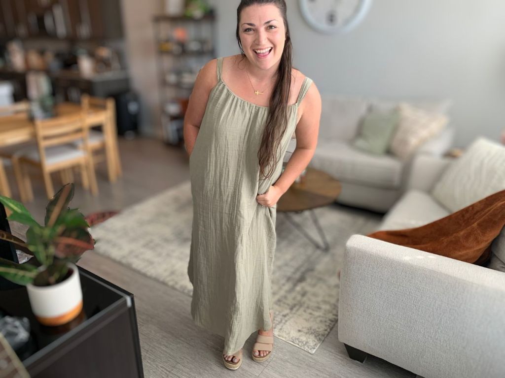 Woman in an Old Navy maxi dress