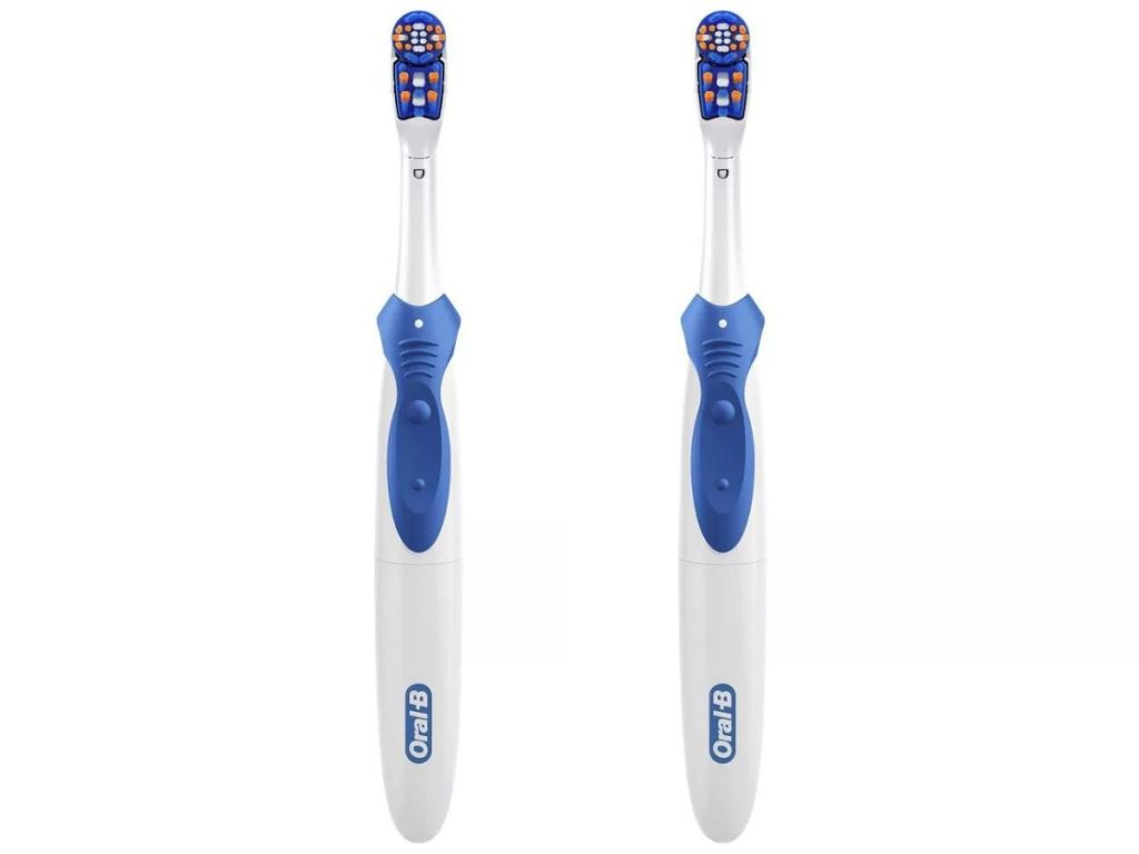 2 blue and white oral-b toothbrushes