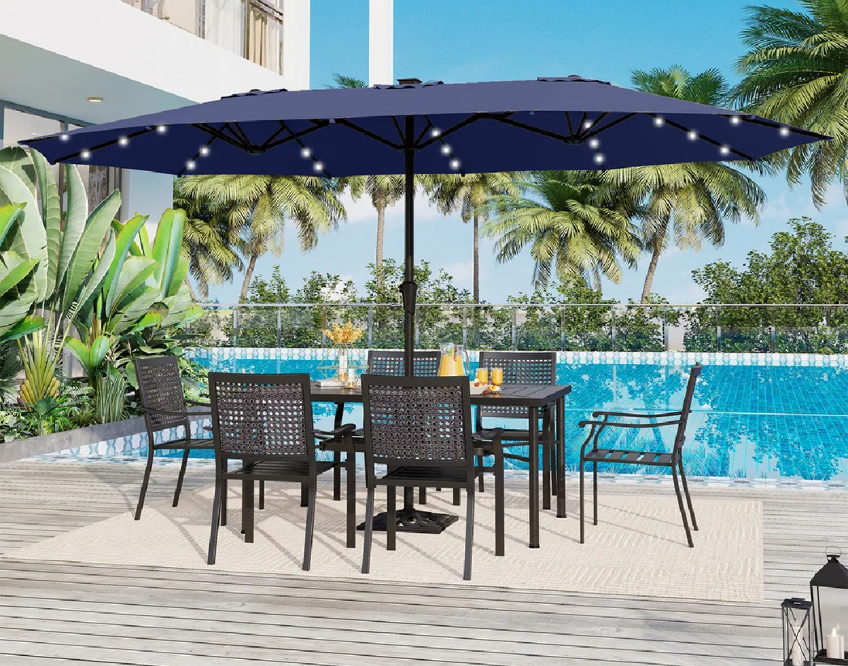 A 15 foot patio umbrella with led lights