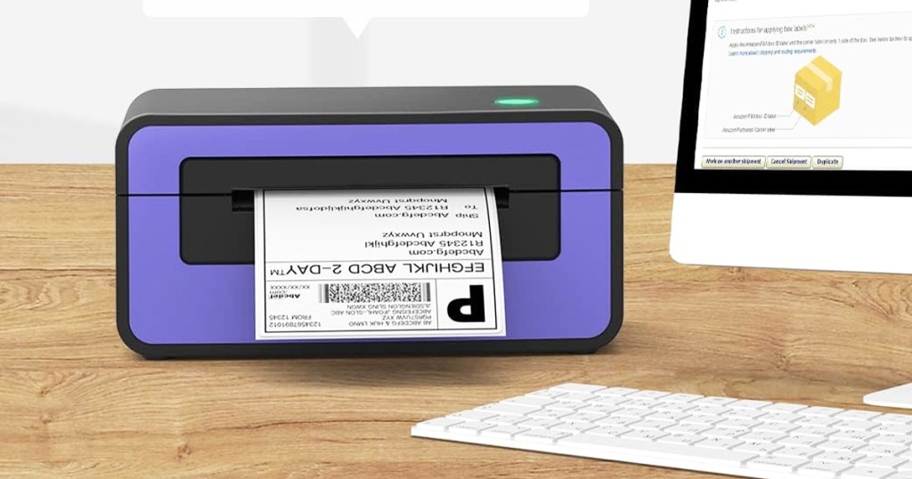 purple and black printer printing a shipping label
