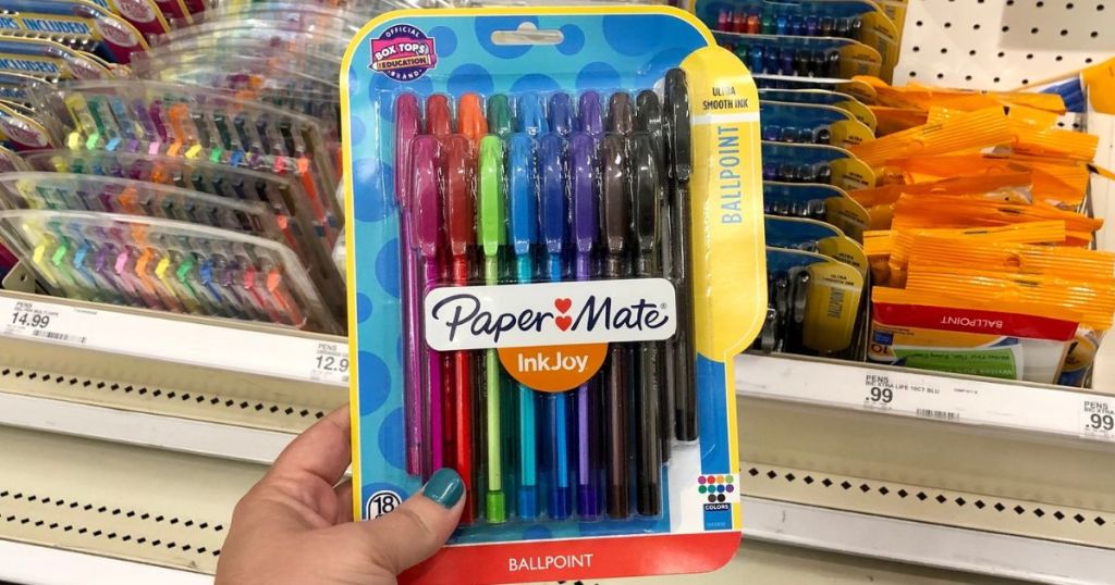 Paper mate Inkjoy Pens 18-pack in Assorted Colors being held up by a hand