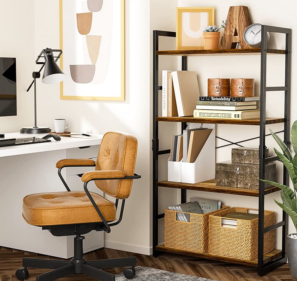 4-tier bookcase in office with files, books, and decor on each shelf