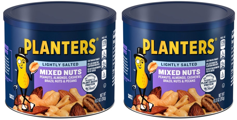 two blue cans of Planters Lightly Salted Mixed Nuts