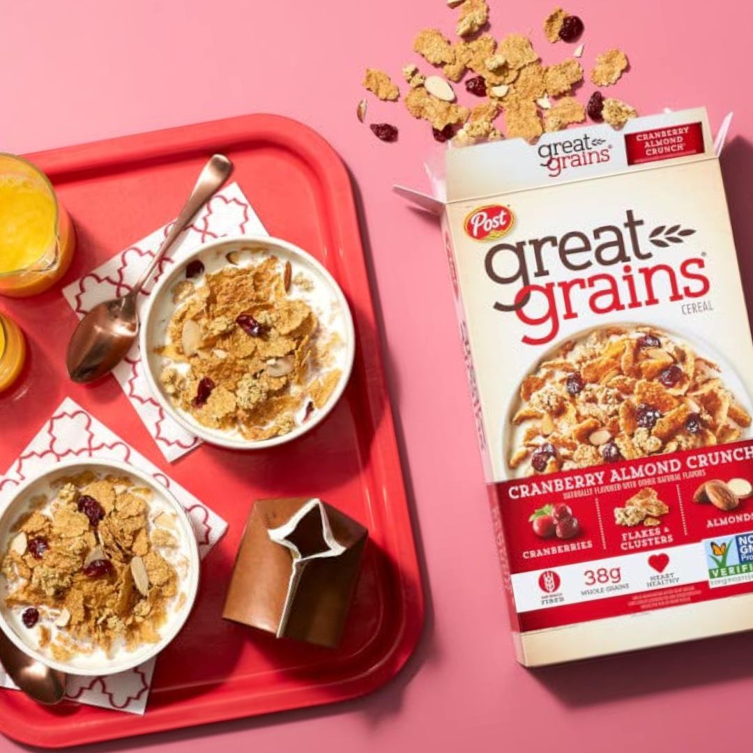 Post Great Grains Cereal Cranberry Almond Crunch Box and Cereal Bowls