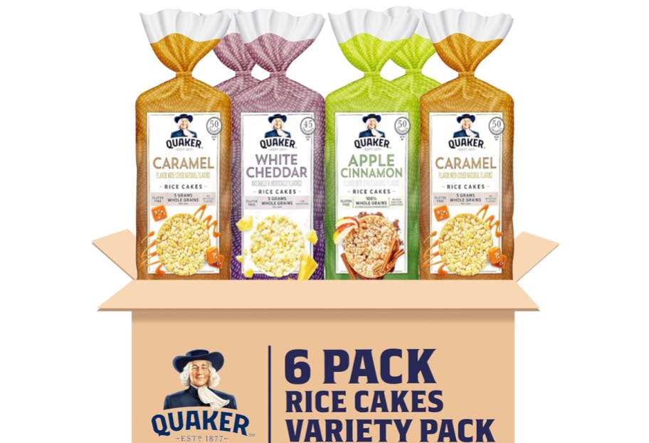 purple, orange, and green bags of quaker rice cakes in cardboard box
