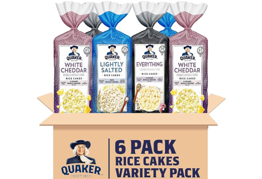 purple, blue, and black bags of quaker rice cakes in cardboard box