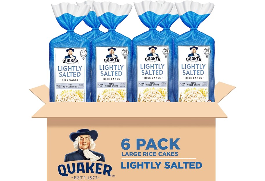 blue bags of quaker rice cakes in cardboard box