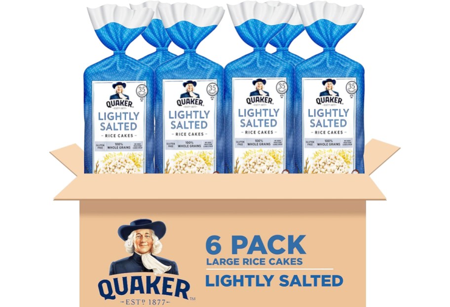 blue bags of quaker rice cakes in cardboard box