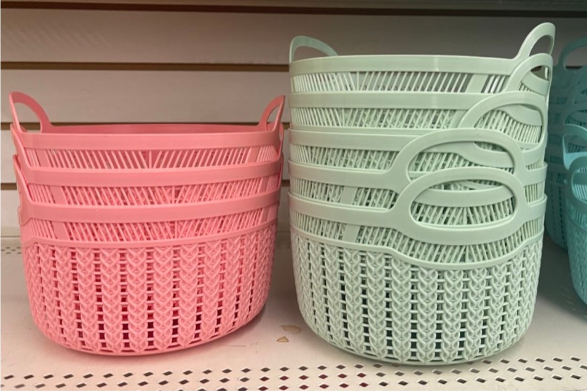 2 stacks of Round Plastic Baskets on a store shelf