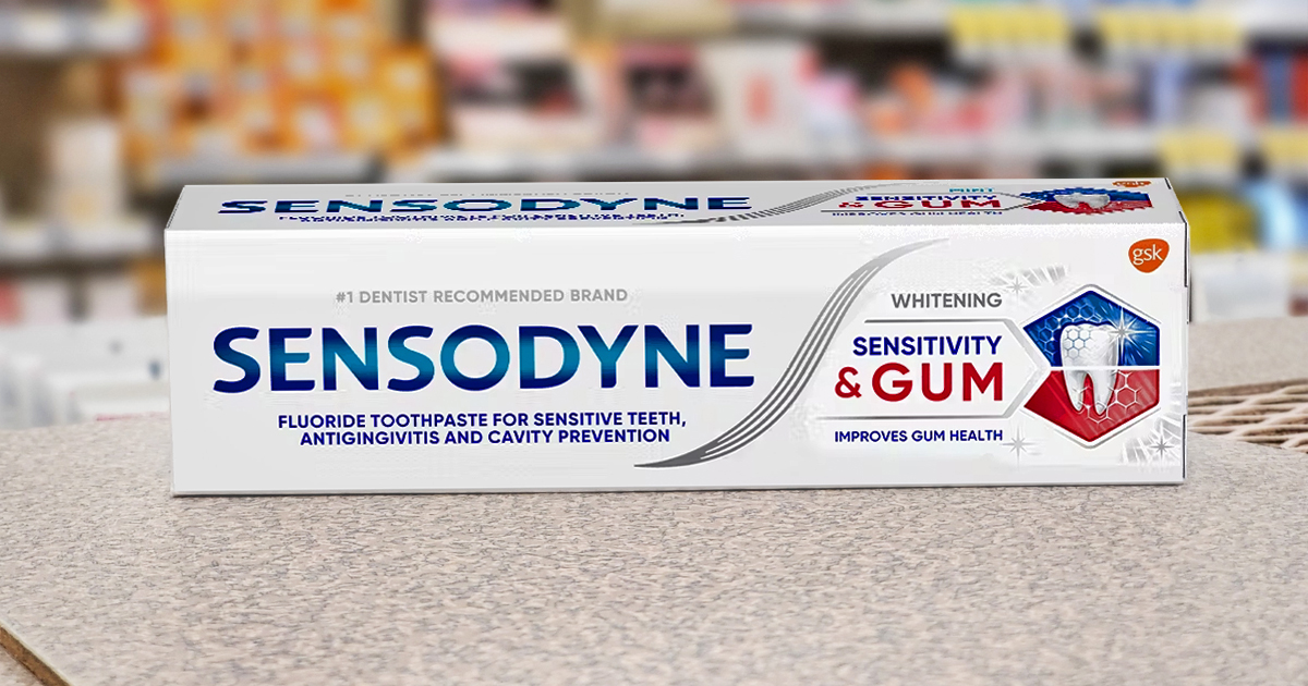 white box of Sensodyne Sensitivity & Gum Sensitive Toothpaste on store counter